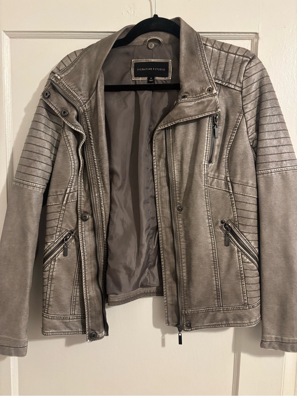 Signature Studio Metallic Gray Quilted Faux Leather Moto Jacket